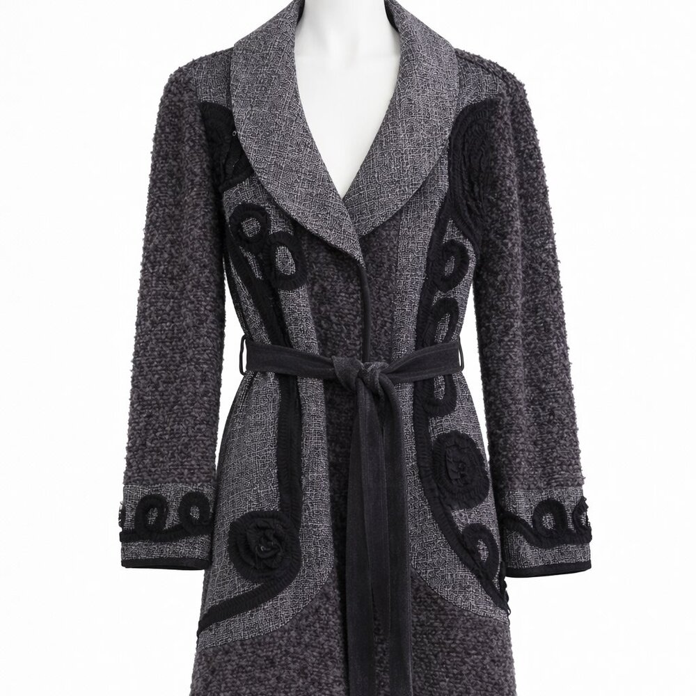 Joseph Ribkoff Textured Belted Jacket Coat Gray Black Appliqué Longline Size 10